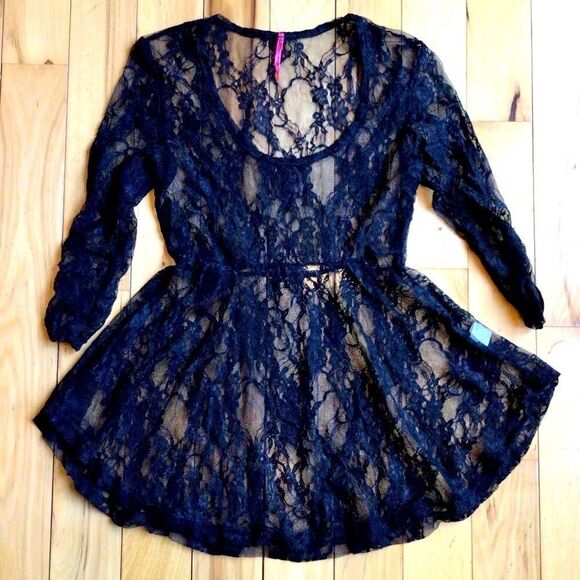 ELECTRIC PINK BLACKLACE BABYDOLL LINGERIE TOP - Picture 5 of 5